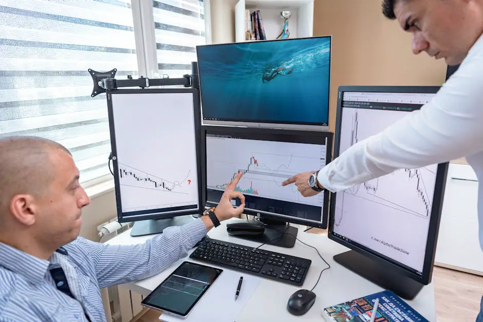 An Interactive Brokers trader monitoring multiple computer screens